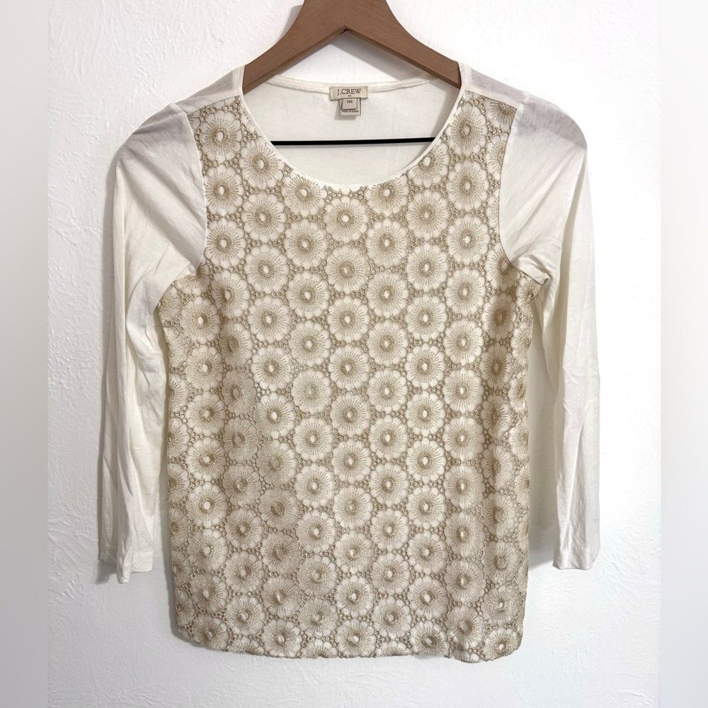 J. Crew floral lace medallion overlay 3/4 sleeve tee, gold and white, size XXS
